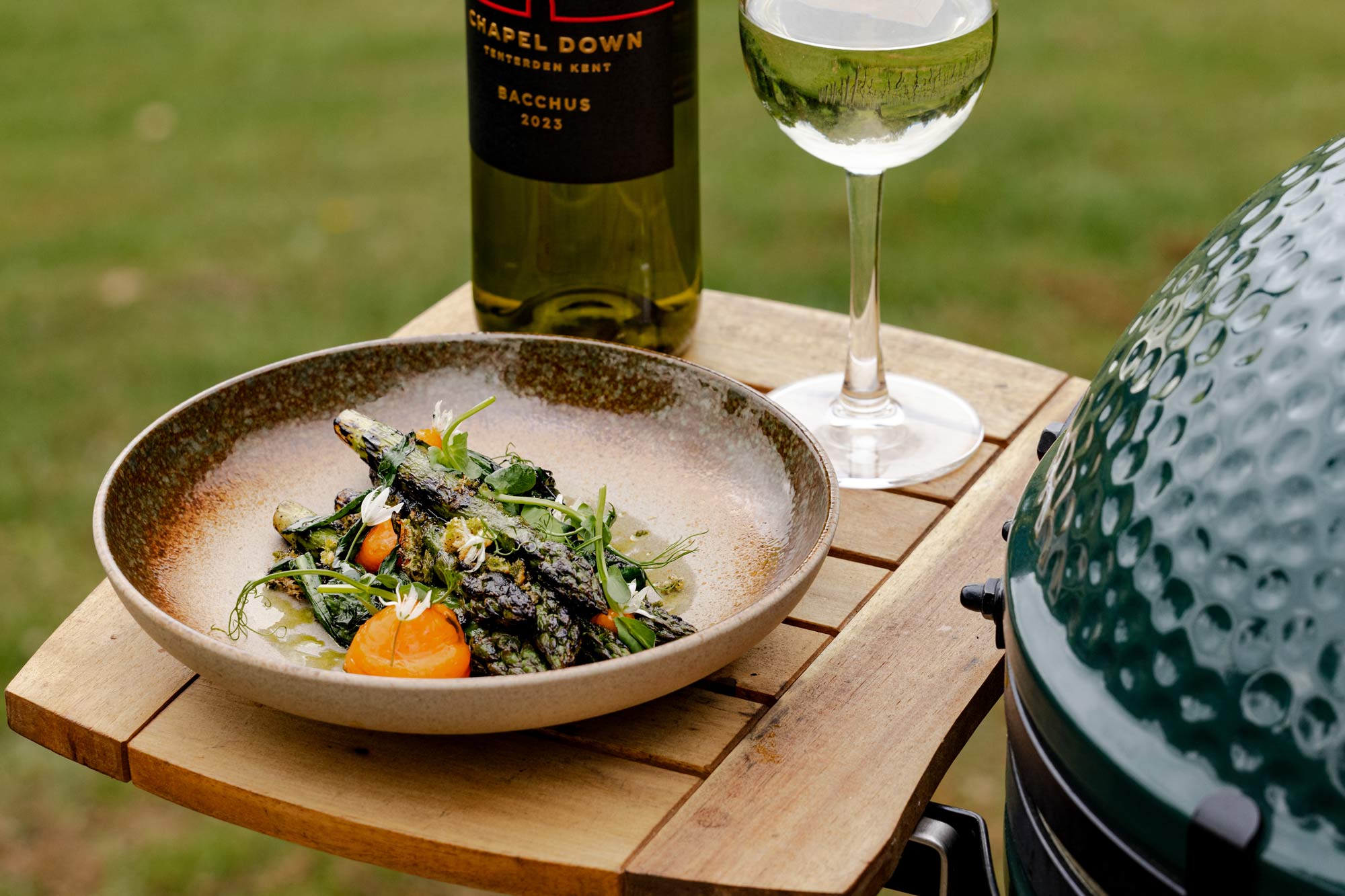 Kentish Asparagus, Confit Egg Yolks, Wild Garlic Oil and Brioche | Chapel Down & Big Green Egg