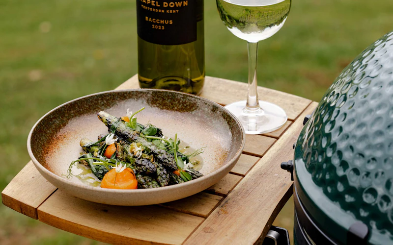Kentish Asparagus, Confit Egg Yolks, Wild Garlic Oil and Brioche | Chapel Down & Big Green Egg