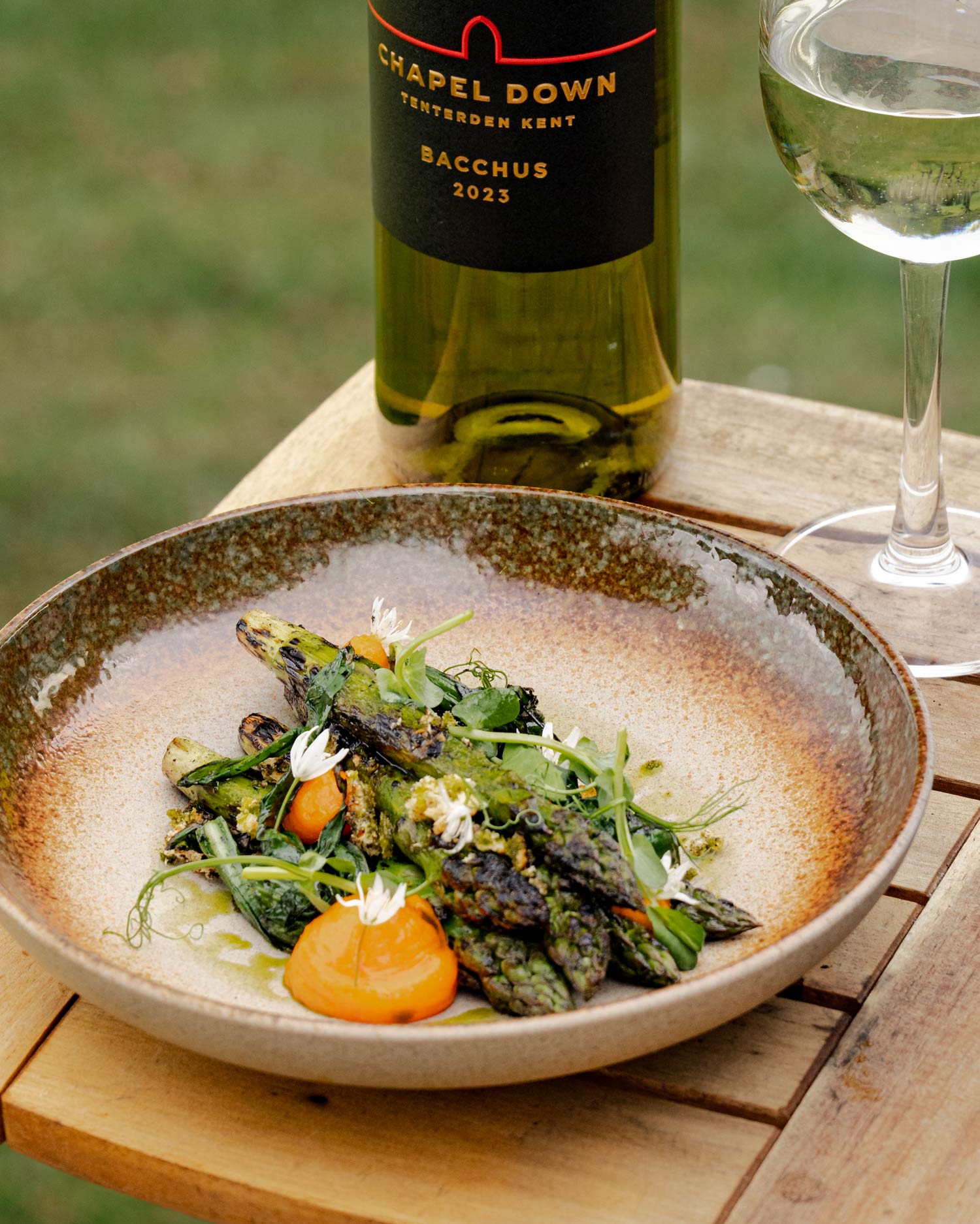 Kentish Asparagus, Confit Egg Yolks, Wild Garlic Oil and Brioche | Chapel Down & Big Green Egg
