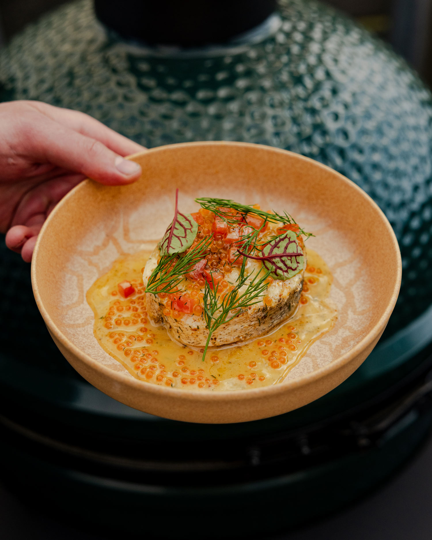 Hake with Dill Beurre Blanc, Tomato and Trout Roe | Chapel Down & Big Green Egg