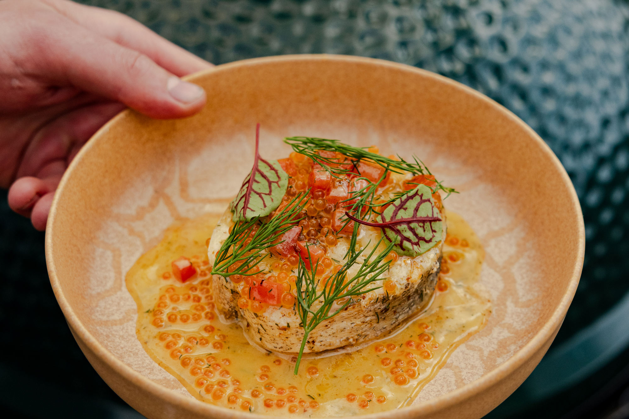 Hake with Dill Beurre Blanc, Tomato and Trout Roe | Chapel Down & Big Green Egg
