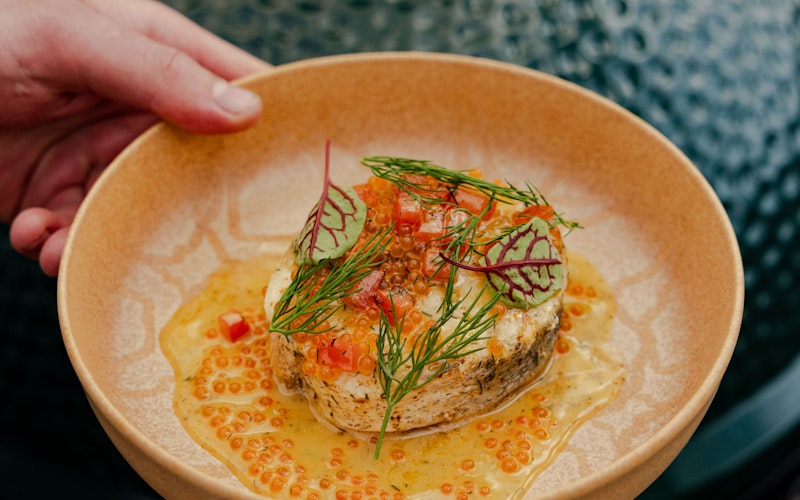 Hake with Dill Beurre Blanc, Tomato and Trout Roe | Chapel Down & Big Green Egg