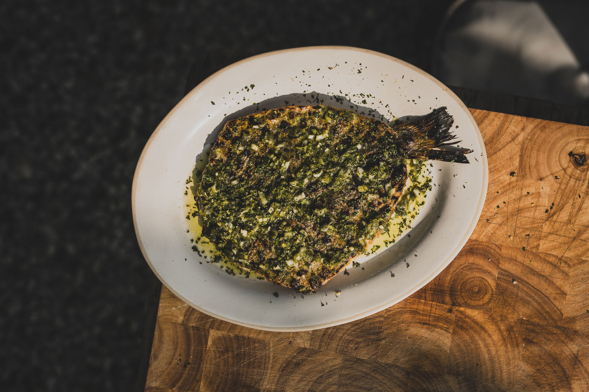 Grilled bream with spring onion chimichurri | Fish | Grilling recipes | Nancarrow Farm | Big Green Egg