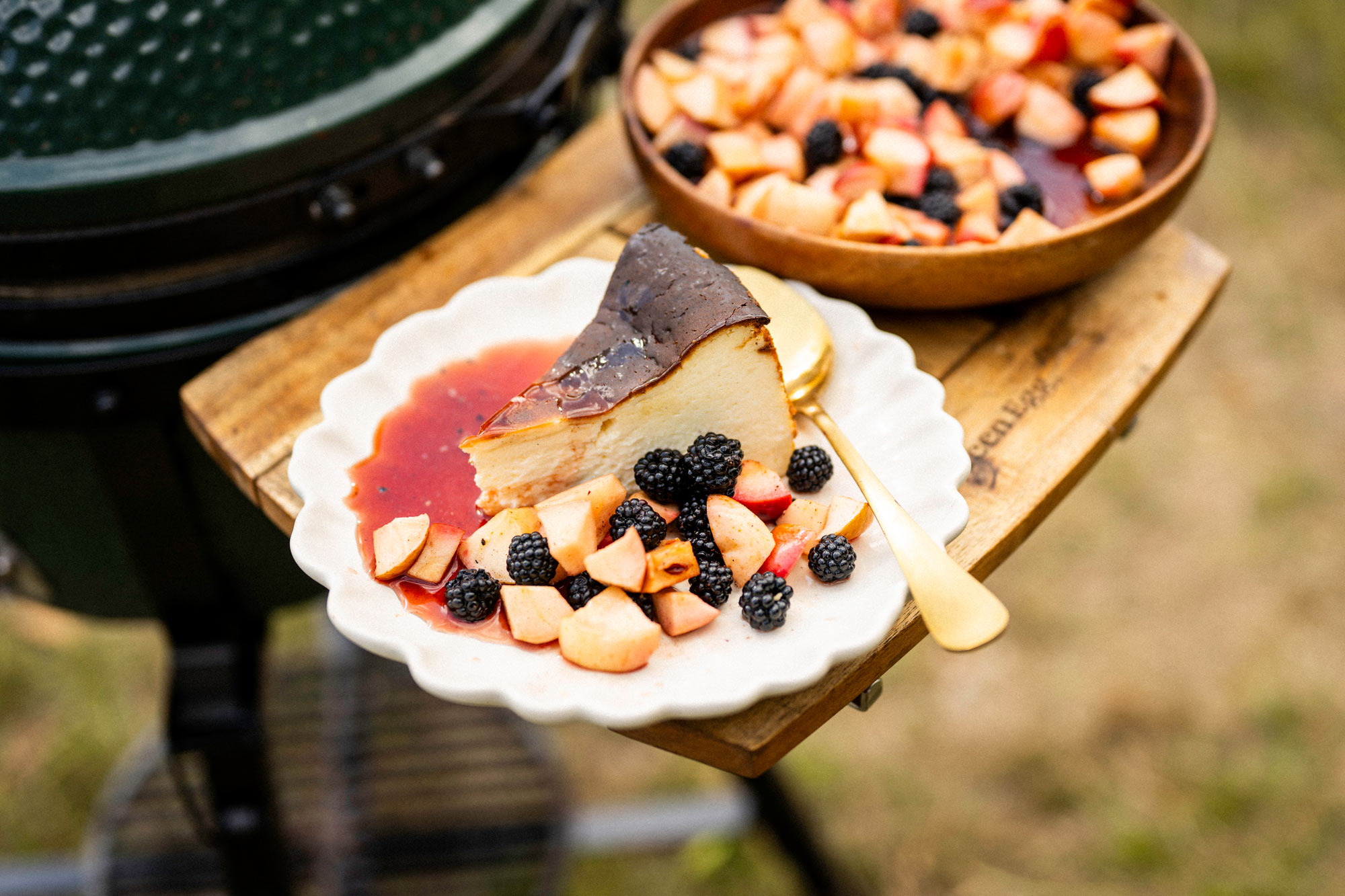 Basque Cheesecake with Apple, Blackberry and Rosehip Compote | Sweet recipes | Baking | Tait Miller | Cowdray Estate | Big Green Egg