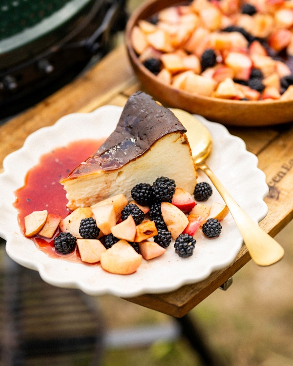 Basque Cheesecake with Apple, Blackberry and Rosehip Compote | Sweet recipes | Baking | Tait Miller | Cowdray Estate | Big Green Egg