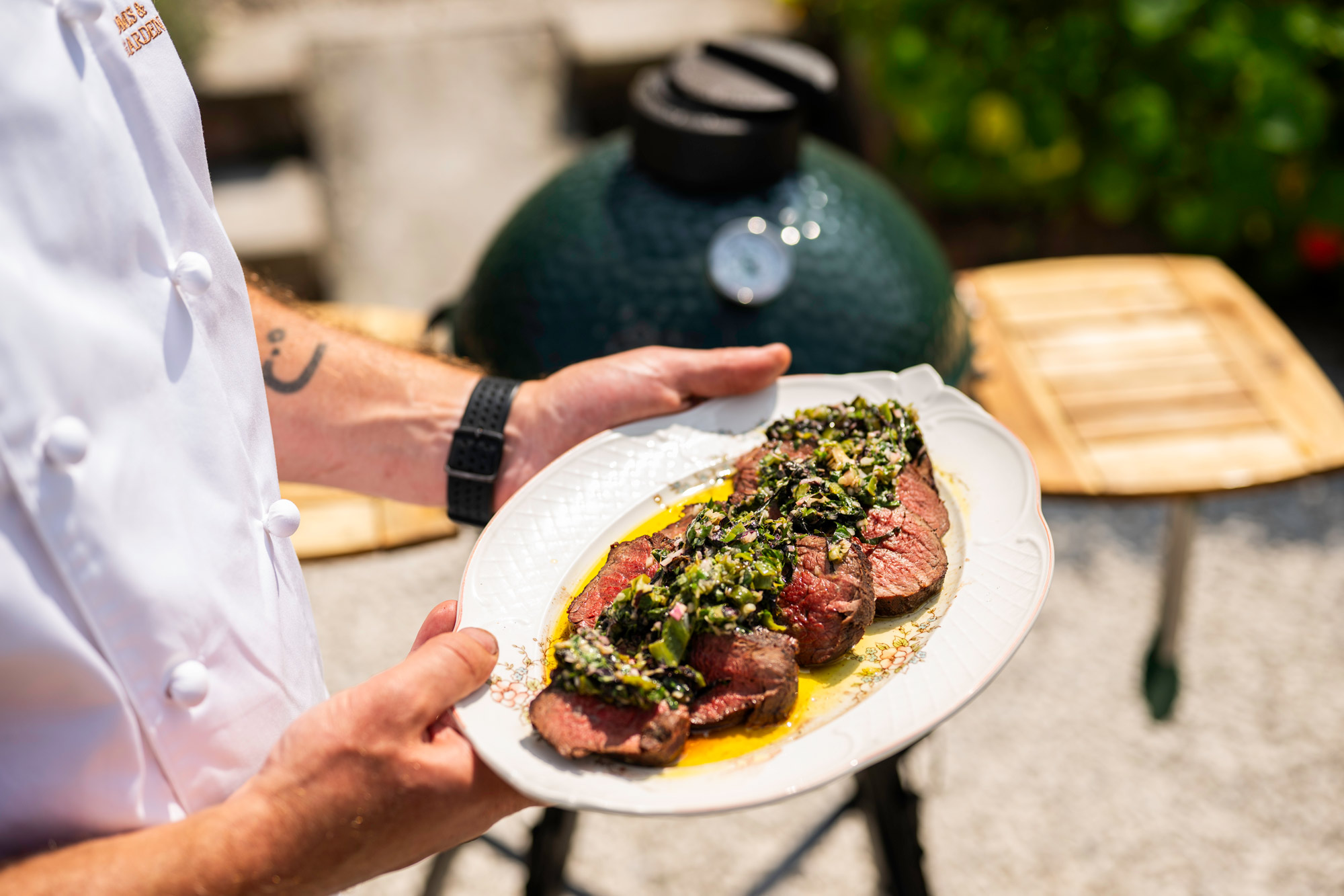 Charred Chateaubriand with Burnt Padron Pepper Chimichurri | The Pig Hotels | Grilling recipes | Diry cooking | Beef | Big Green Egg
