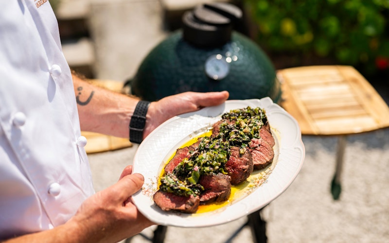 Charred Chateaubriand with Burnt Padron Pepper Chimichurri | The Pig Hotels | Grilling recipes | Diry cooking | Beef | Big Green Egg