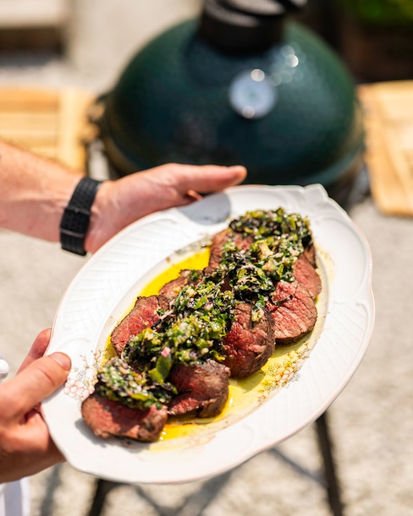 Charred Chateaubriand with Burnt Padron Pepper Chimichurri | The Pig Hotels | Grilling recipes | Diry cooking | Beef | Big Green Egg