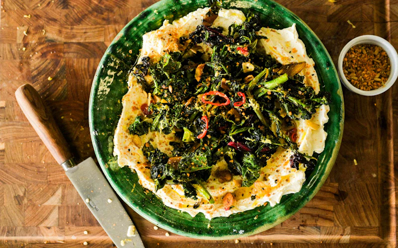 Charred Winter Greens on Labneh | Vegetarian | Pan cooking recipes | Tart London | Food adventures| Christmas | Big Green Egg