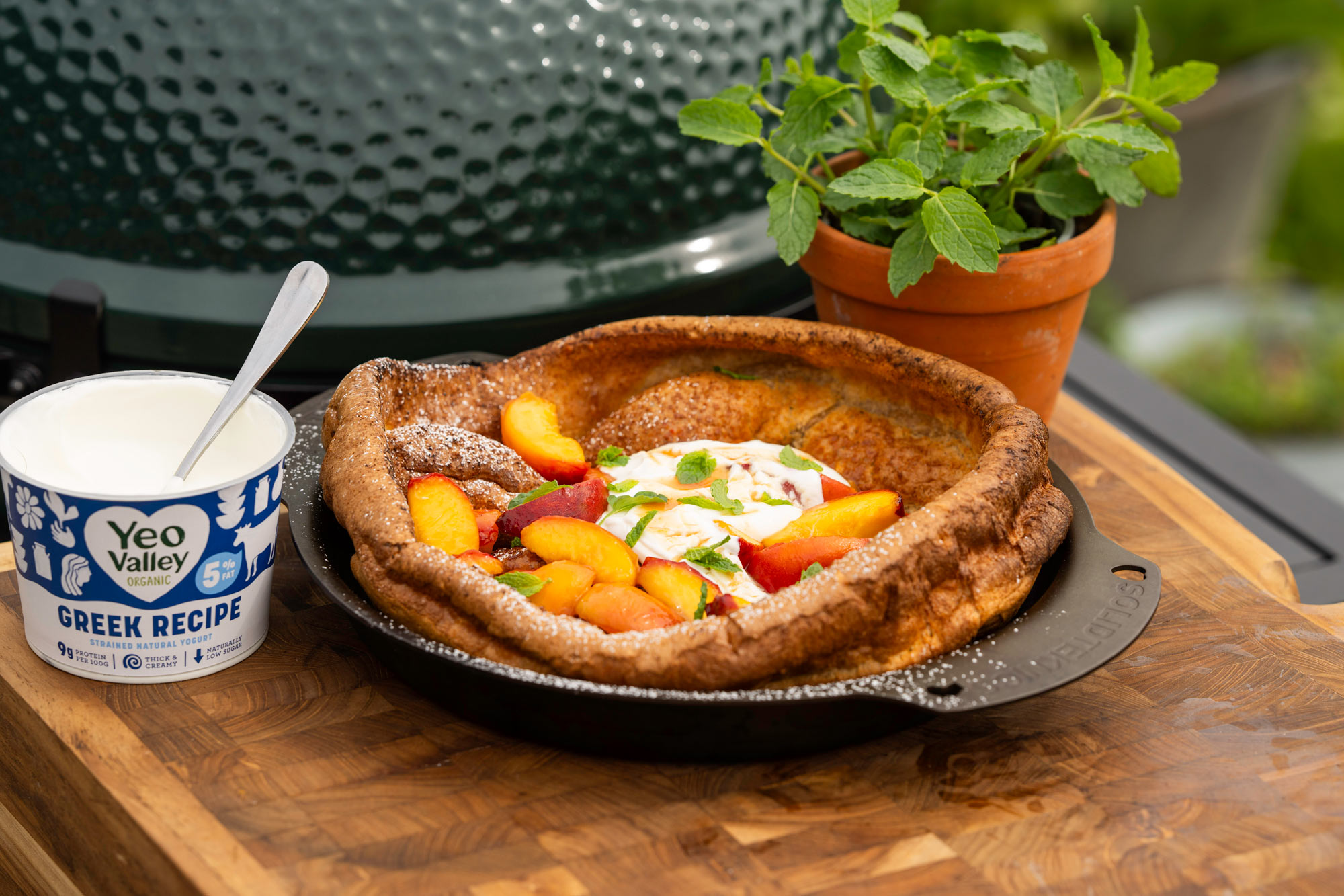 Dutch Baby Pancake, Caramelised Peaches and Yogurt | Adam Frost | Sweet recipes | Big Green Egg