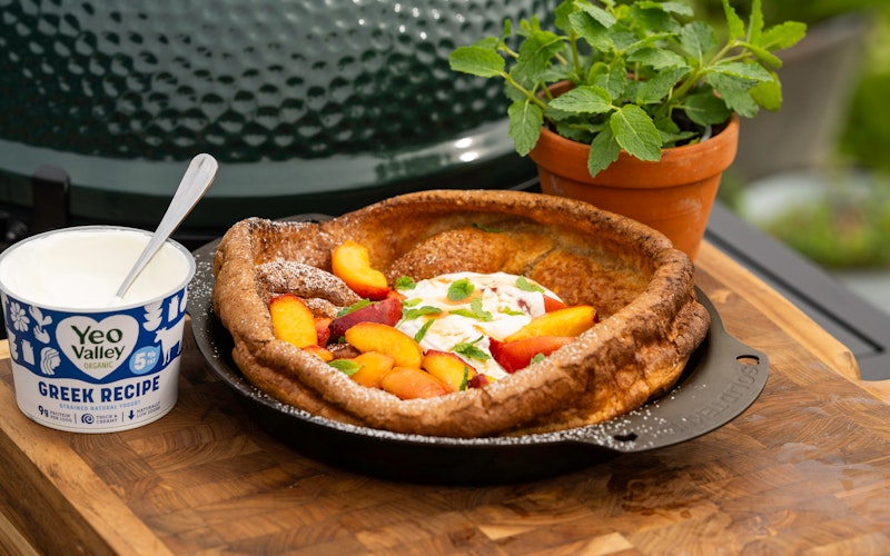 Dutch Baby Pancake, Caramelised Peaches and Yogurt | Adam Frost | Sweet recipes | Big Green Egg