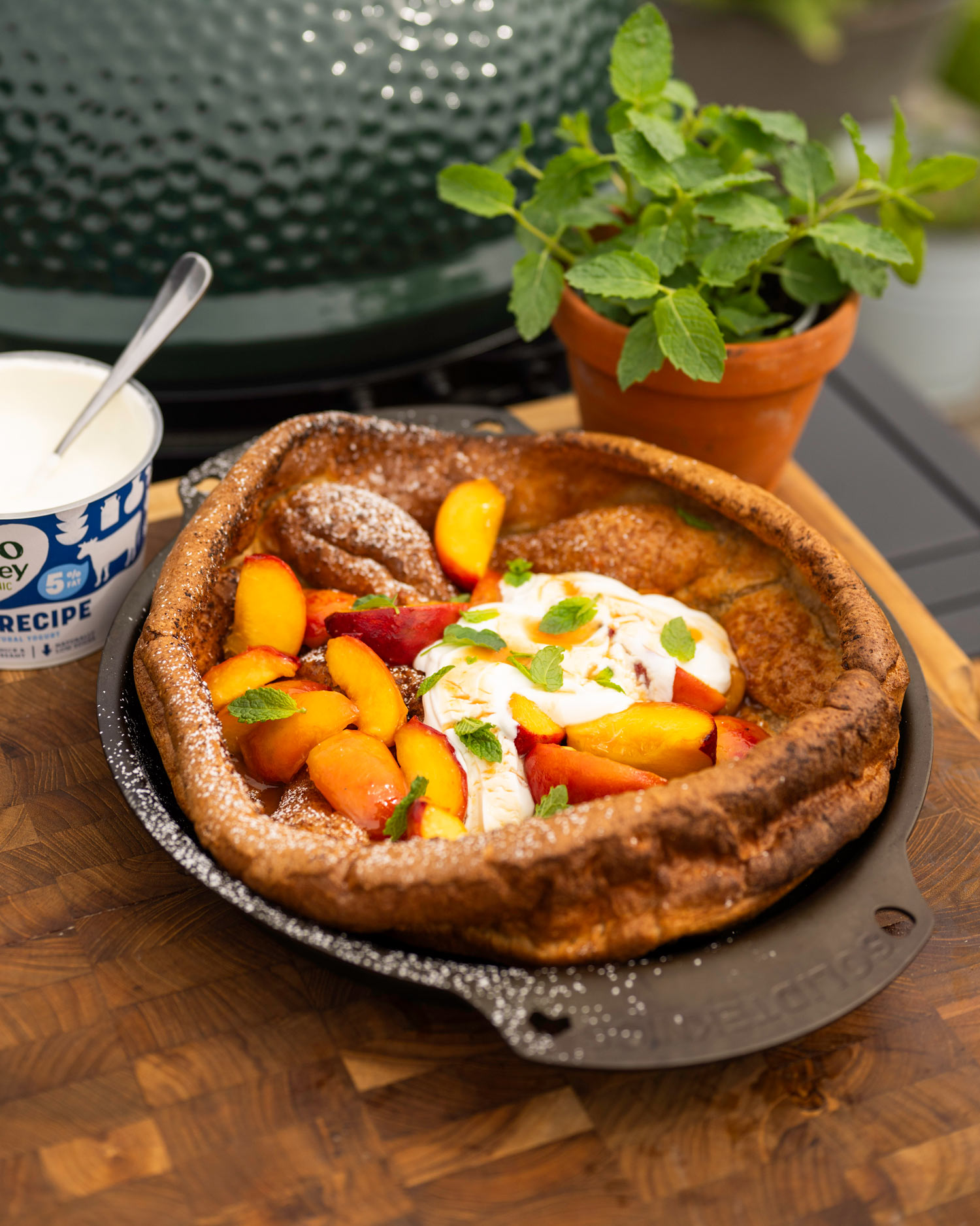 Dutch Baby Pancake, Caramelised Peaches and Yogurt | Adam Frost | Sweet recipes | Big Green Egg