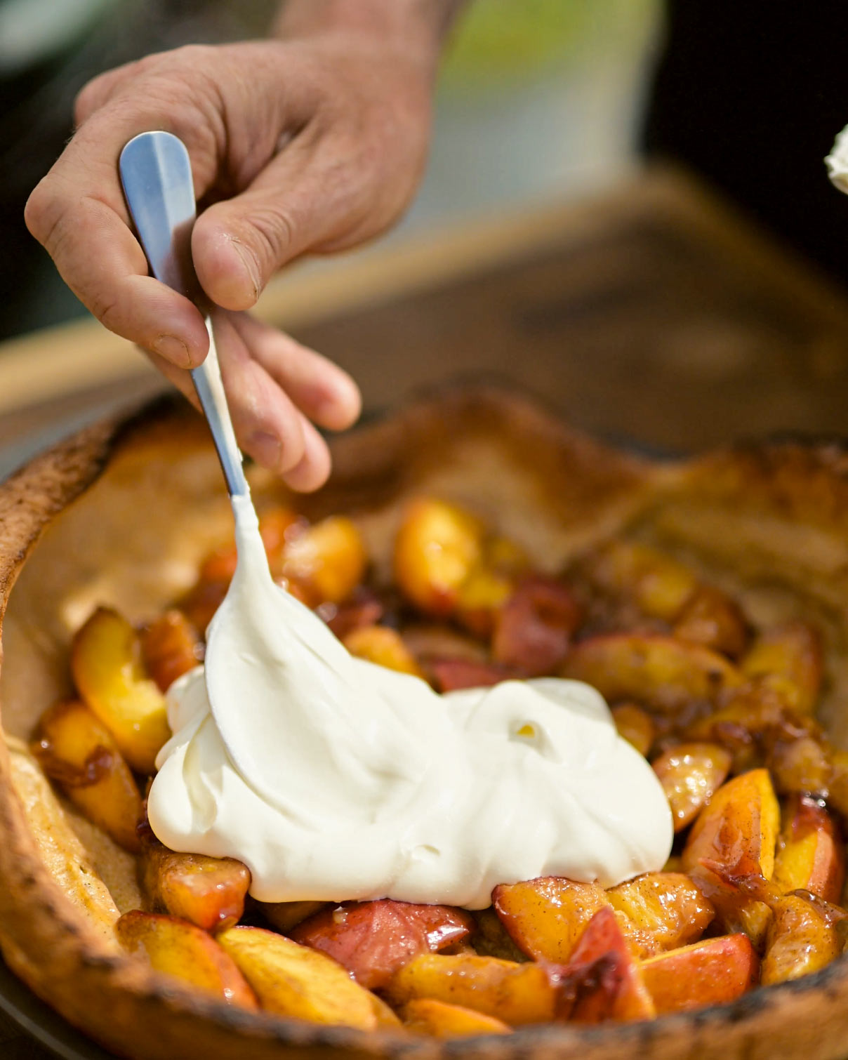 Dutch Baby Pancake, Caramelised Peaches and Yogurt | Adam Frost | Sweet recipes | Big Green Egg