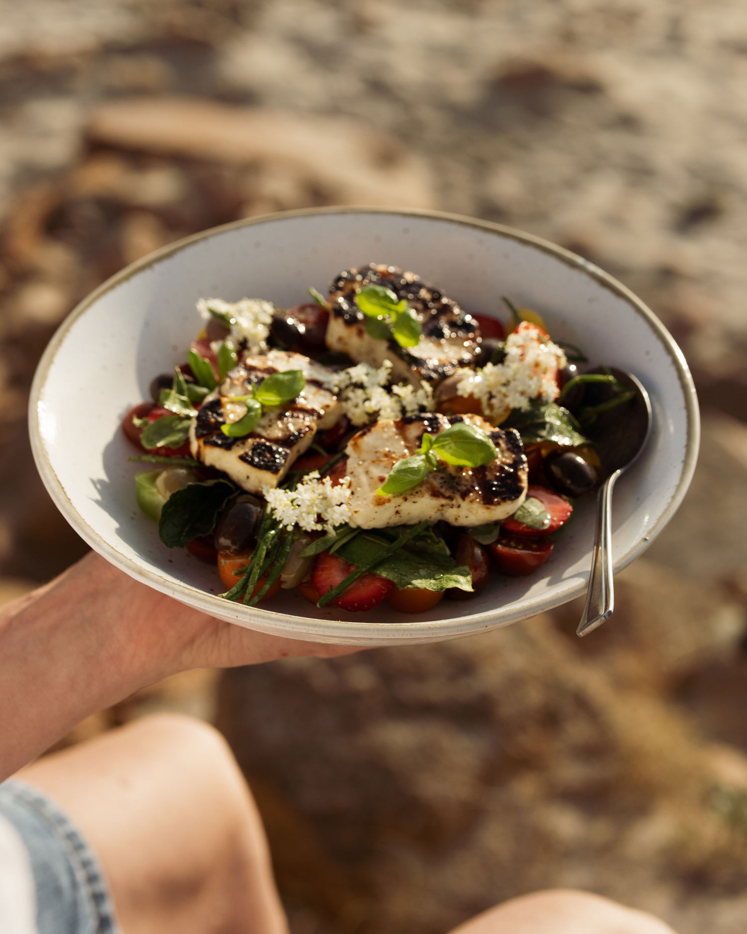 Charred Halloumi with Tomato, Strawberry and Toasted Samphire Salad