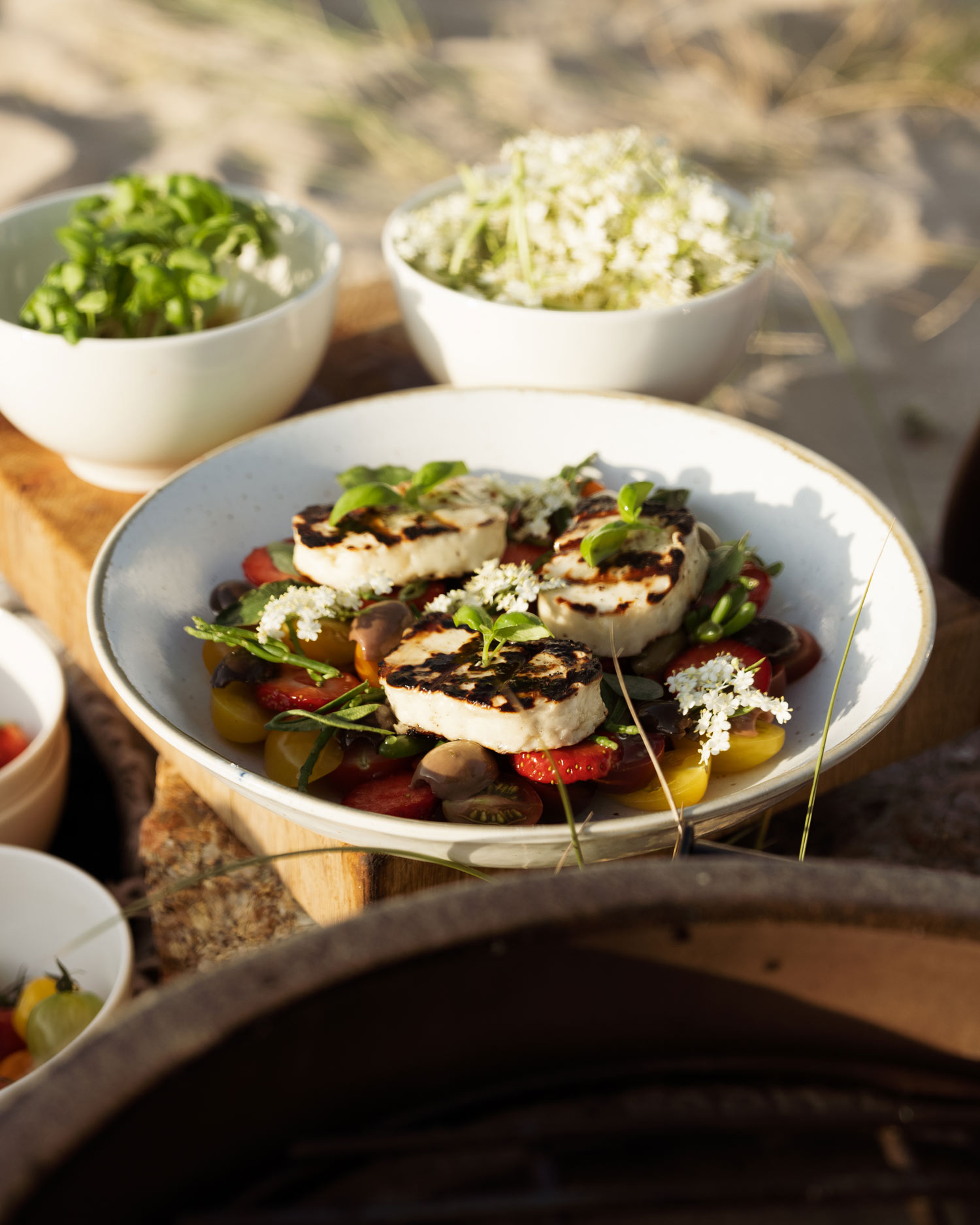 Charred Halloumi with Tomato, Strawberry and Toasted Samphire Salad