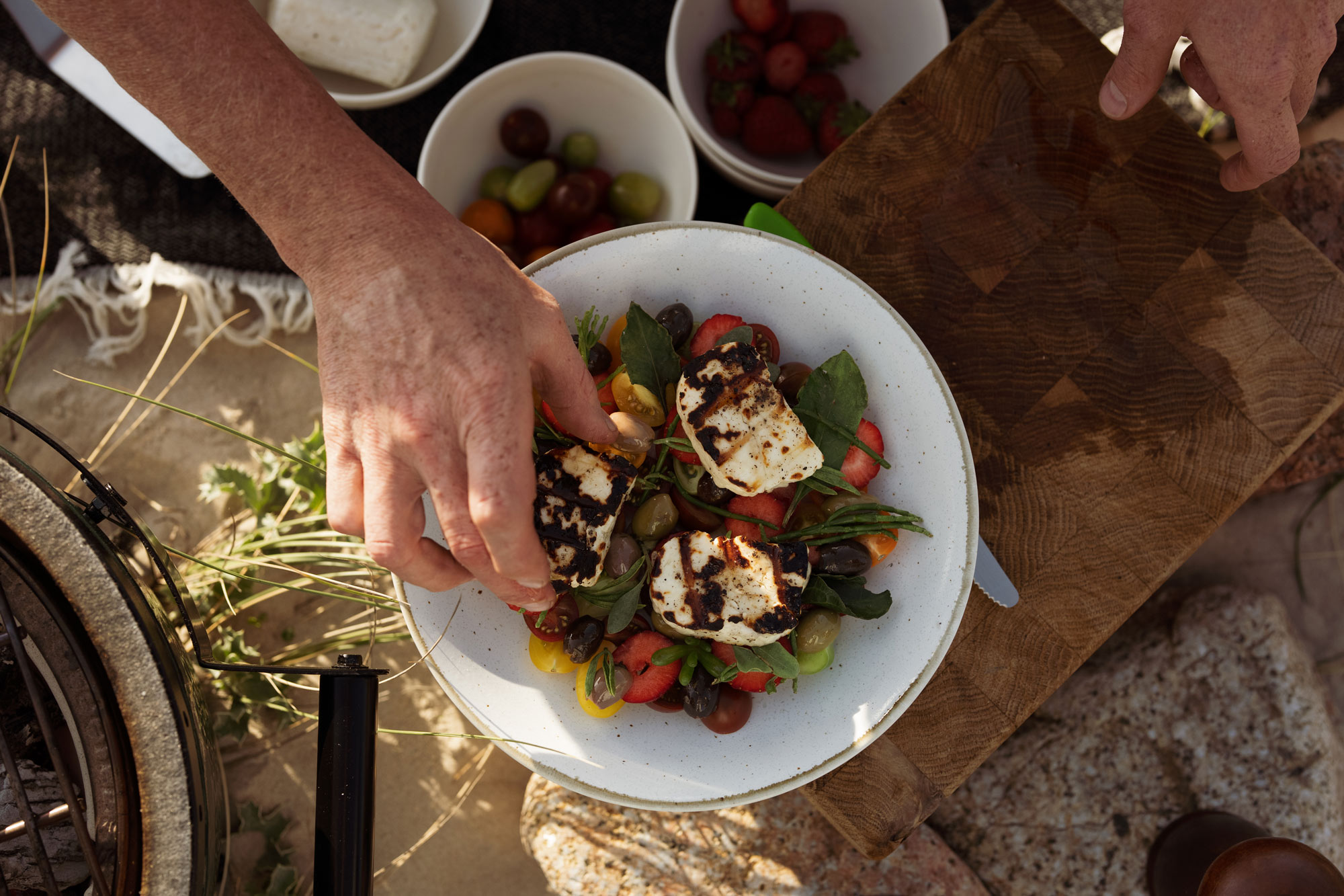 Charred Halloumi with Tomato, Strawberry and Toasted Samphire Salad