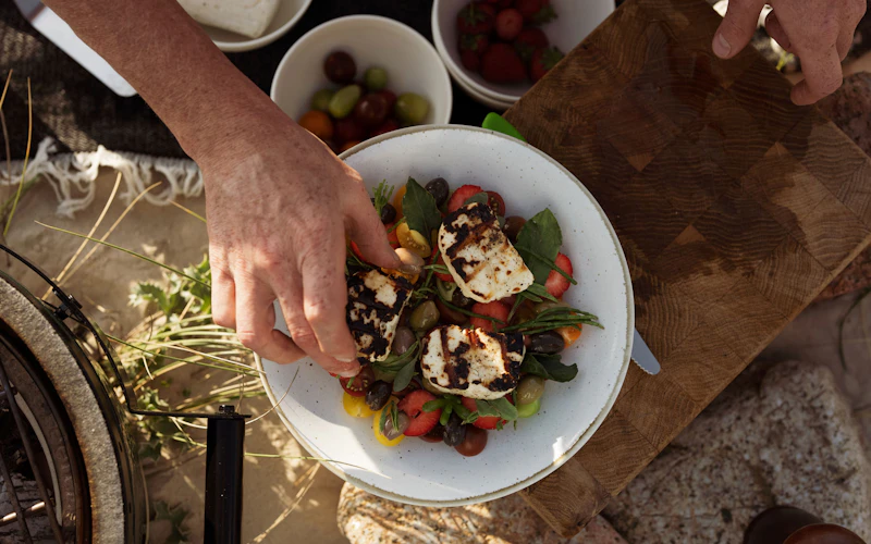 Charred Halloumi with Tomato, Strawberry and Toasted Samphire Salad